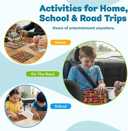 GSM Brands Car Bingo Travel Games for Kids – Fun Road Trip Scavenger Hunt Card Game (5 Pack)