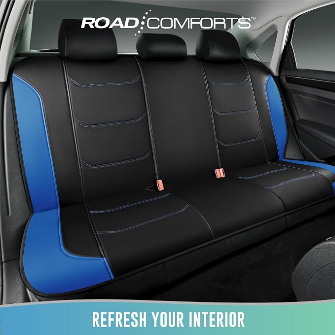 Road Comforts Seat Covers, Premium Leather Car Seat Covers Full Set,Airbag Compatible, Automotive Seat Covers Universal Fit Most Cars,Vans,Truck,SUV,Blue