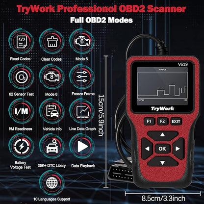 OBD2 Scanner Diagnostic Tool, Check Engine Code Reader with 35901 DTC Lookup, Mode 6 & 8, I/M Readiness for All OBDII Cars Since 1996 (Red)