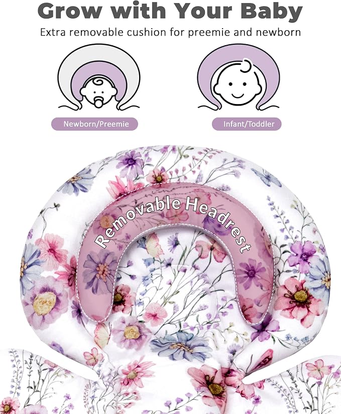 TinlyFinly Infant Car Seat Insert with Extra Cushion for Preemie to Toddler, Reversible Newborn Carseat Insert for Baby Head Body Support, Fits for Stroller, Baby Swing, Bouncer (Purple Wildflower)