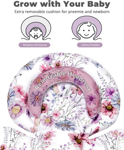 TinlyFinly Infant Car Seat Insert with Extra Cushion for Preemie to Toddler, Reversible Newborn Carseat Insert for Baby Head Body Support, Fits for Stroller, Baby Swing, Bouncer (Purple Wildflower)