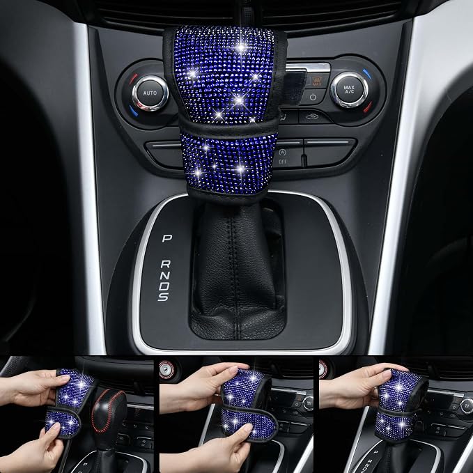 CAR PASS 11 PCS Bling Diamond Car Accessories for Women, Sparkly Rhinestone Steering Wheel Cover, Bling Seat Belt Cushion, Glitter Shift Knob Cover, Car Cup Holder Coaster, Cute Interior Sets Blue