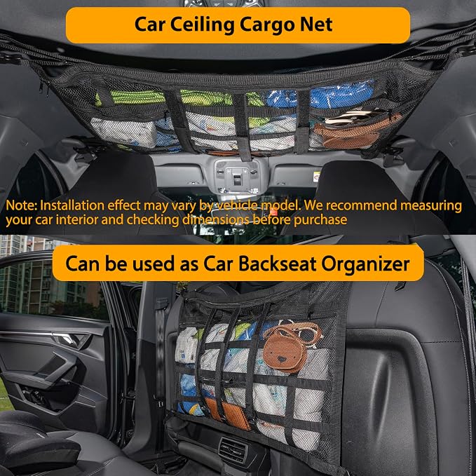 Car Ceiling Cargo Net with 3 Pockets,31.5"x21.6" Car Overhead Storage Mesh Organizer,Double Layer Roof Mesh Camping Overlanding Gear Must Haves Cargo Net,Road Trip Essentials (31.5"x 21.6")