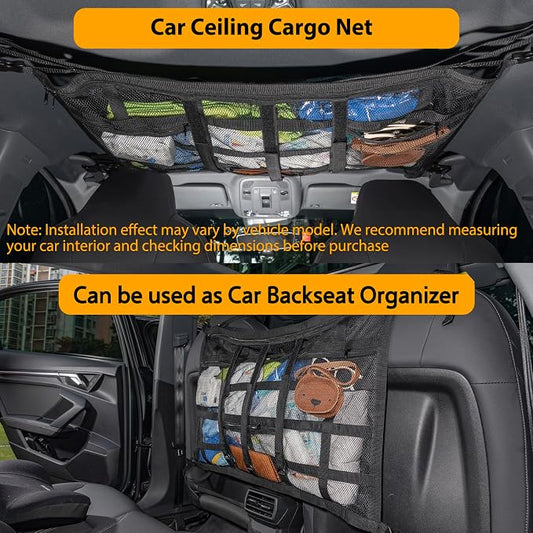 Car Ceiling Cargo Net with 3 Pockets,31.5"x21.6" Car Overhead Storage Mesh Organizer,Double Layer Roof Mesh Camping Overlanding Gear Must Haves Cargo Net,Road Trip Essentials (31.5"x 21.6")