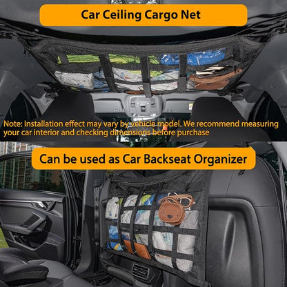 Car Ceiling Cargo Net with 3 Pockets,35.4"x23.6" Car Overhead Storage Mesh Organizer,Double Layer Roof Mesh Camping Overlanding Gear Must Haves Cargo Net,Road Trip Essentials (35.4"x 23.6")