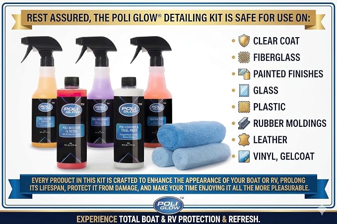 Poli Glow® 16 oz Vehicle Detailing Kit – All-in-One Cleaner & Protectant Set for Cars, Boats & RVs – Includes Interior, Exterior, Leather & Ceramic Detailers + Microfiber Towels – 7-Piece Kit