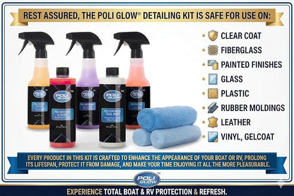 Poli Glow® 16 oz Vehicle Detailing Kit – All-in-One Cleaner & Protectant Set for Cars, Boats & RVs – Includes Interior, Exterior, Leather & Ceramic Detailers + Microfiber Towels – 7-Piece Kit