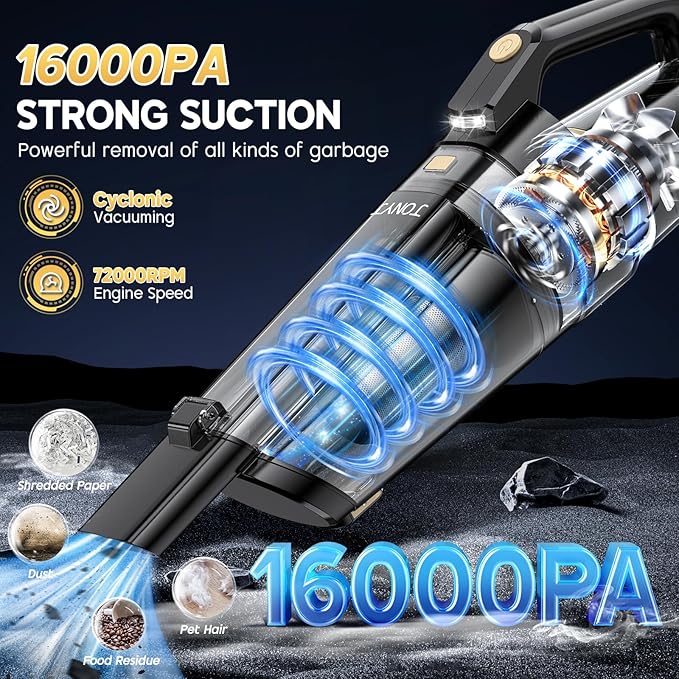 JONYJ Handheld Vacuum Cordless, 16000PA Strong Suction Hand Held Car Vacuum Cleaner, Portable Hand Vacuum Rechargeable with Multi-Nozzles & LED Light for Home, Car, Office, Pets