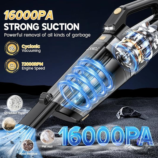 JONYJ Handheld Vacuum Cordless, 16000PA Strong Suction Hand Held Car Vacuum Cleaner, Portable Hand Vacuum Rechargeable with Multi-Nozzles & LED Light for Home, Car, Office, Pets