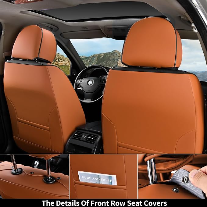 Coverado Car Seat Covers Full Set, Car Seat Protector Car Seat Cushion, Nappa Leather Seat Covers for Cars, Front and Back Seat Protectors Cushions Universal Fit for Most Cars Vehicles(Brown&Black)