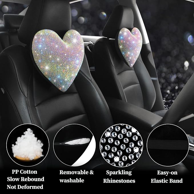 Bling Bling Rhinestones Car Seat Pillow for Driver Automotive Accessories for Women Ladies and Girls Auto Seat Headrest Cushion with Bling Rhinestone Colorful 2 Pieces