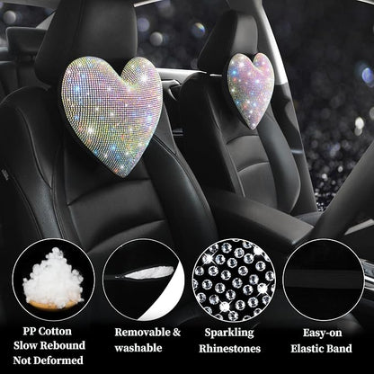 Bling Bling Rhinestones Car Seat Pillow for Driver Automotive Accessories for Women Ladies and Girls Auto Seat Headrest Cushion with Bling Rhinestone Colorful 2 Pieces