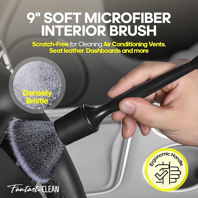 Fantasticlean 9PC Car Detailing Kit，Boars Hair Brush，Horse Hair Bristle，Suede-Coral Cloth，Car Dust Brush，Microfiber Towel & Applicator，Scratch-Free & Ultra-Soft for Leather, Seats & Interior Cleaning