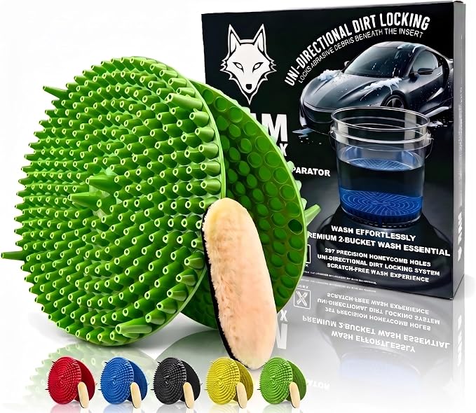 10.4" Heavy Duty Car Wash Bucket Insert (2-Pack) & Wash Mitt Kit - 10.6 oz Detailing Dirt Separator & Grit Trap, Scratch-Free Auto Wash, Fits 3.5 to 5 Gallon Buckets (Green Kit)