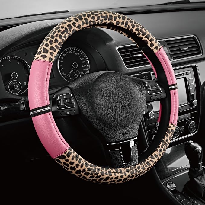 Road Comforts Leopard Steering Wheel Cover for Women, Cute Anti-Slip Microfiber Leather, Universal Fit 14.5-15 Inch Round Steering Wheel - Pink
