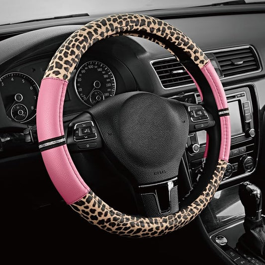 Road Comforts Leopard Steering Wheel Cover for Women, Cute Anti-Slip Microfiber Leather, Universal Fit 14.5-15 Inch Round Steering Wheel - Pink