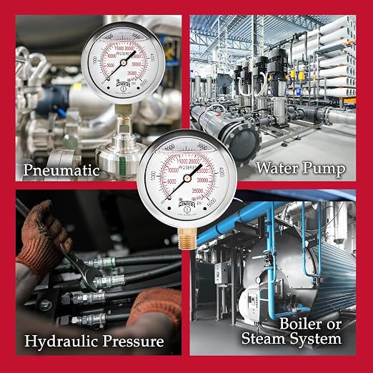 Winters 2-1/2" Dial Size, Liquid Filled Industrial Pressure Gauge, Brass Internals, Stainless Steel Case, Dual Scale 0-5,000 psi/kPa, 1.5% Acc, 1/4" NPT Bottom Mount, Glycerin Filled Pressure Gauge
