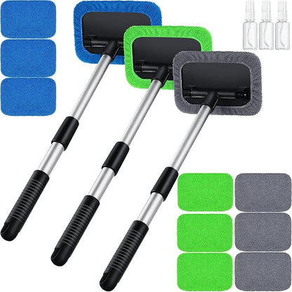 Frienda 3 Set Windshield Cleaner Tool Inside Car Window Cleaner Tool with 3 Extendable Handle 9 Reusable Microfiber Pads and 3 Spray Bottles for Auto Home Interior Exterior Glass Cleaning (Multicolor)