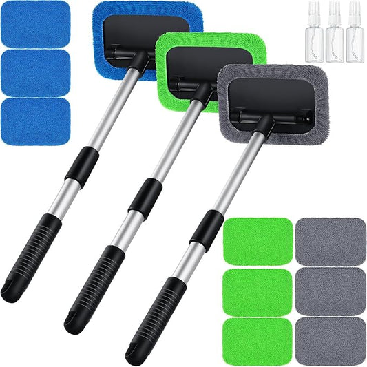 Frienda 3 Set Windshield Cleaner Tool Inside Car Window Cleaner Tool with 3 Extendable Handle 9 Reusable Microfiber Pads and 3 Spray Bottles for Auto Home Interior Exterior Glass Cleaning (Multicolor)
