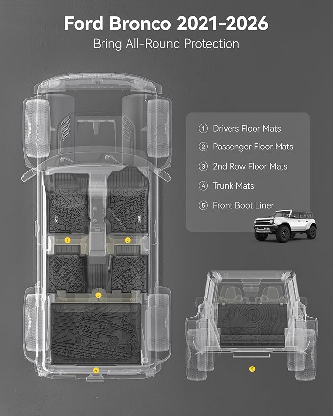3W Ford Bronco Floor Mats & Cargo Liner & Back Seat Cover Custom Fit for 2021-2025 2026 Bronco 4 Door All Weather Custom Fit Ford Bronco Accessories (Not for Sport & Rubberized Floor)