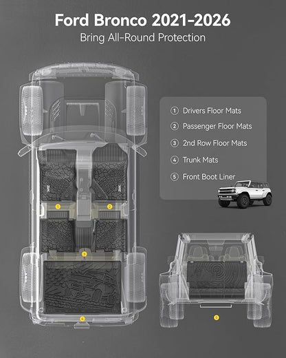 3W Ford Bronco Floor Mats & Cargo Liner & Back Seat Cover Custom Fit for 2021-2025 2026 Bronco 4 Door All Weather Custom Fit Ford Bronco Accessories (Not for Sport & Rubberized Floor)