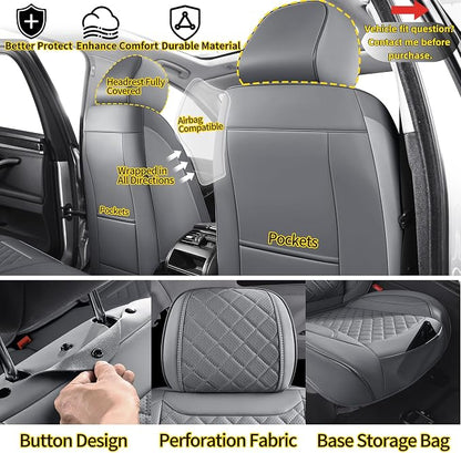 Car Seat Covers Full Set, Grey Leather Seat Covers, Breathable Front and Back Car Seat Protectors, Wear-Resistant Seat Covers Universal Fit for Most Cars SUV Truck (Grey-Diamonds, Full Set)