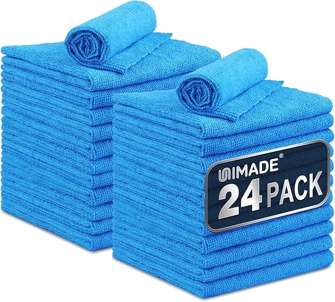 UNIMADE Microfiber Cleaning Cloth, 24 Pack Reusable Microfiber Towels for Cars Lint Free Cleaning Shop Towel Rags for Home Kitchen Automotive Bar Mechanic Restaurant Garage, 11"x 12", Blue
