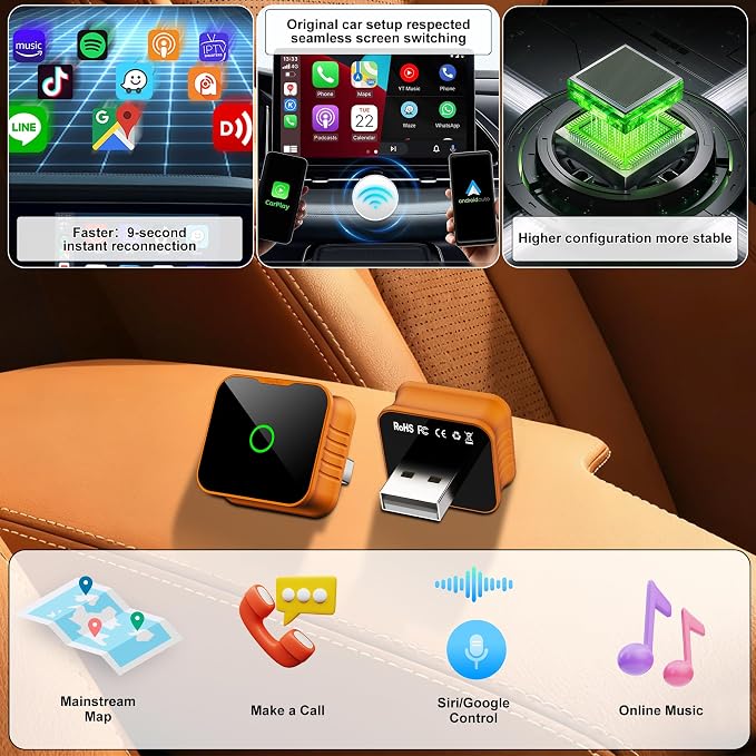 2026 Wireless CarPlay Adapter,5GHz USB & USB-C Dongle,Plug & Play for 2016+ Factory Wired CarPlay Vehicles,Low Heat Auto Connect CarPlay Converter for iPhone iOS 10+