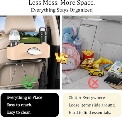 Mu&Ti Back Seat Car Organizer,4+2 in 1 Multifunctional Car Back Seat Storage Box with 2 Cup Holders, Tissue Box and Hook - Ideal for Kids and Travel(Beige)