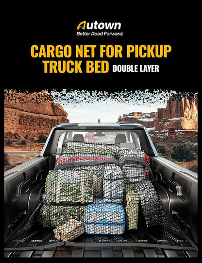 AUTOWN Cargo Net for Pickup Truck Bed - Stretchable 4'x4' to 7'x7', High Elastic Fine Mesh 1''x1'' with 8 Metal Carabiners - Ideal for ATV, SUV, UTV, Truck and Boat Use (Double Layer)