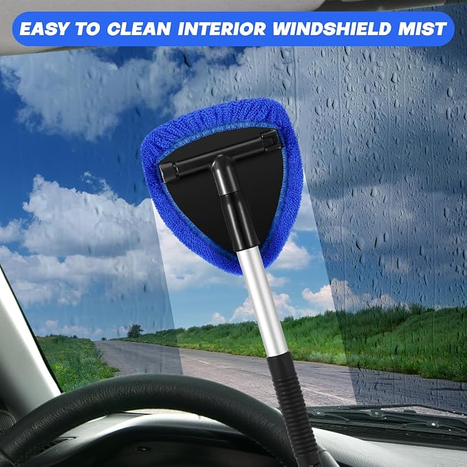 Baderke 10 Pcs Windshield Cleaner Tool Car Window Cleaning Supplies with Extendable Handle Include 6 Washable Microfiber Bonnets 2 Empty 60ml Spray Bottle Glass Wiper Kit(Royal Blue)