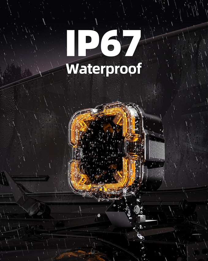 SPL 4" Off Road Lights with Amber Covers, 90W 12000LM Hi/Lo Beam LED Pod Lights with Arrow Shaped Amber DRL, Led Cube Driving Lights with DT Wiring Harness for Trucks Jeep Pickup SUV ATV UTV, 2PCS