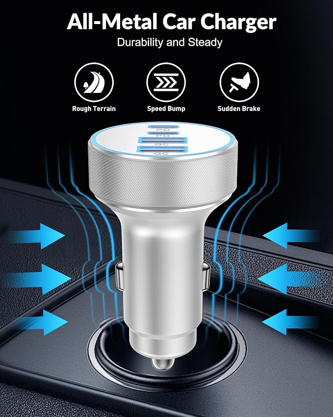 iPhone 17 16 15 Car Charger Fast Charging, 90W 4-Port USB C Fast Car Charger Cigarette Lighter Adapter with 240W 3FT USB-C Cable for iPhone 17/17 Pro/Air/17 Pro Max/16/16 Pro/ 15/15 Pro Max/Plus, iPad