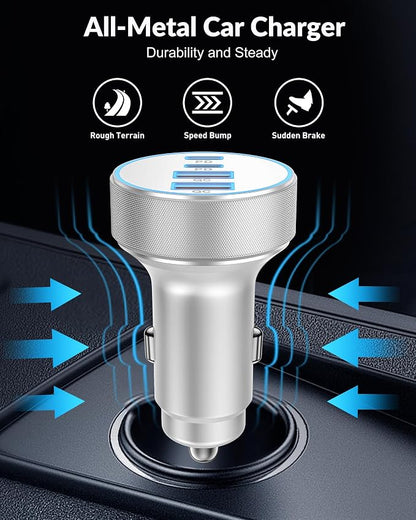 iPhone 17 16 15 Car Charger Fast Charging, 90W 4-Port USB C Fast Car Charger Cigarette Lighter Adapter with 240W 3FT USB-C Cable for iPhone 17/17 Pro/Air/17 Pro Max/16/16 Pro/ 15/15 Pro Max/Plus, iPad