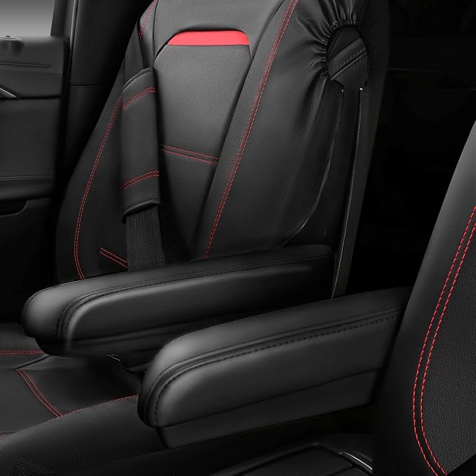 CAR PASS Leather Car Seat Cover Full Set with Steering Wheel Cover and 2PCS Seat Belt Shoulder Pads,for Trucks and SUV with Built-in Seatbelts and Front Seat Side Armrests(Combo Set, Black and Red)