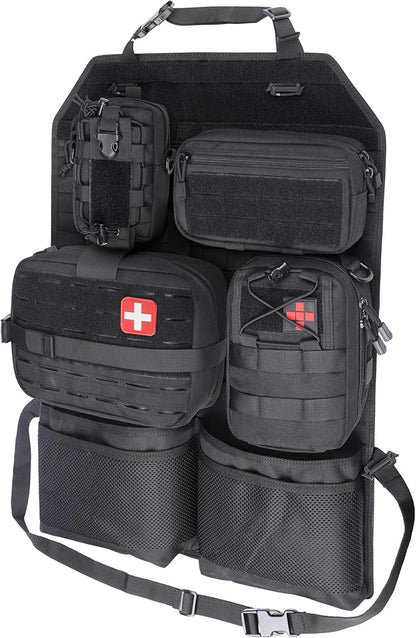 WYNEX Tactical Car Seat Back Organizer Set, Vehicle Accessories Molle Panel wtih Detachable 4 Molle Pouches - First Aid EDC Admin Storage Bag for Road Trips, Fits Most Cars, SUVs, Pickups, Trucks