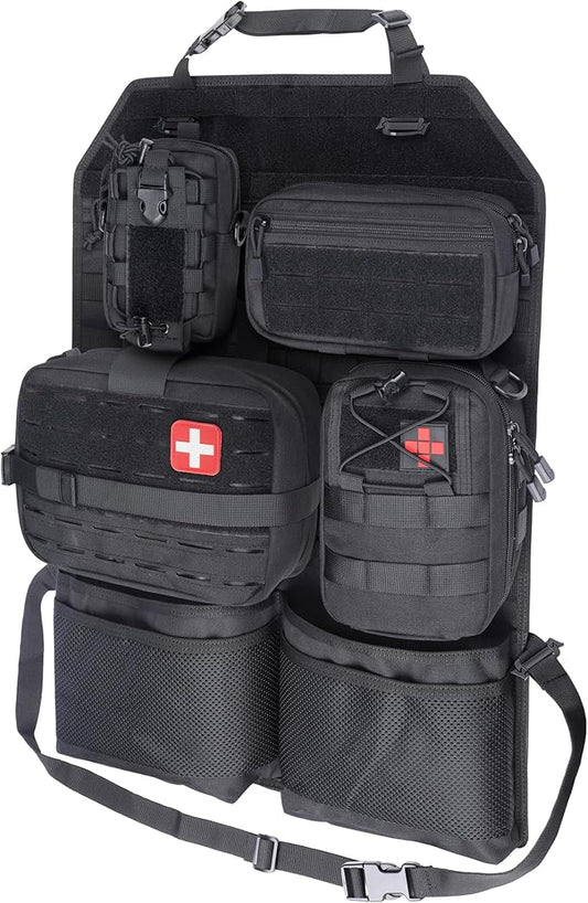 WYNEX Tactical Car Seat Back Organizer Set, Vehicle Accessories Molle Panel wtih Detachable 4 Molle Pouches - First Aid EDC Admin Storage Bag for Road Trips, Fits Most Cars, SUVs, Pickups, Trucks