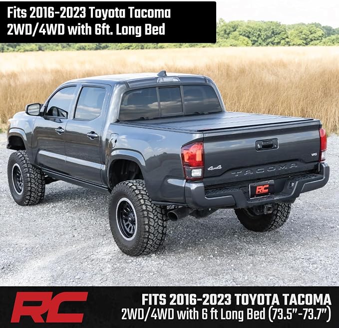 Rough Country Hard Flip-Up Tonneau Cover for Toyota Tacoma (2016-2023) - Flush Folding Aluminum Bed Cover