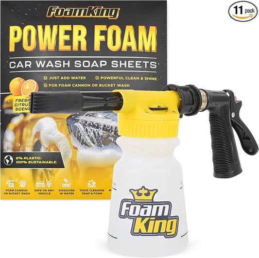 Foam King™ Gun Car Wash + Power Foam Car Wash Soap Strip (10ct = 5 Car Washes) - Connects to Garden Hose, Ultimate Scratch Free Cleaning Snow Blaster Cannon Washing