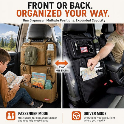 Tactical Seat Back Organizer - Heavy Duty MOLLE Panel Organizer with Multiple Pockets & Hook Loop Panel for EDC Gear, Road Trip Essentials, Universal Fit for Car SUV Truck Jeep Ford(Black)