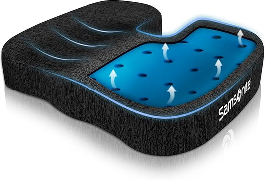 Samsonite Gel Infused Seat Cushion – Ergonomic Cushion for Office Chair, Tailbone Pressure Pad, Coccyx Support for Sciatica, Memory Foam Seat for Car, Desk, or Gaming Chair Use, Black