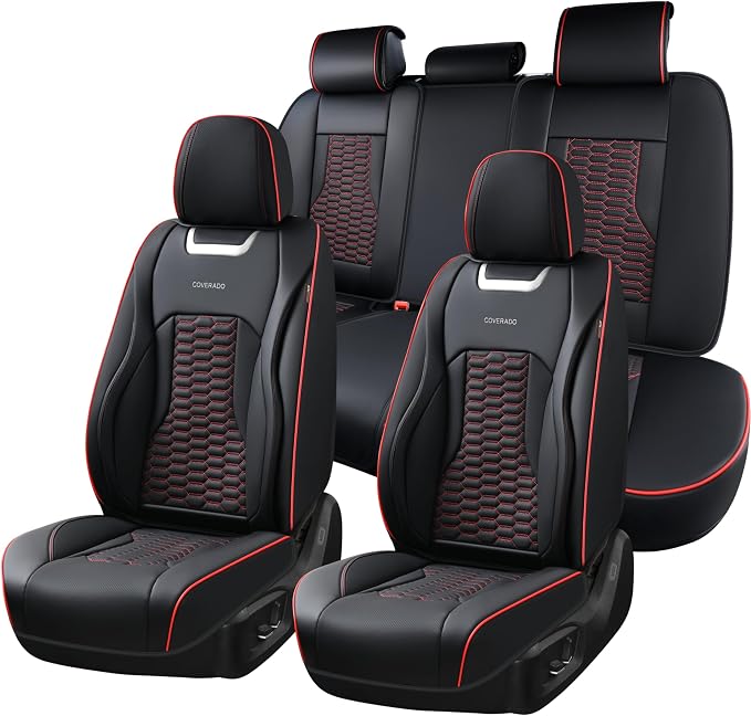 Coverado Car Seat Covers Full Set, 5 Seats Nappa Leather Seat Covers for Cars, Waterproof Automotive Car Seat Covers Interior Accessories Universal Fit Most Cars(Black&Red)