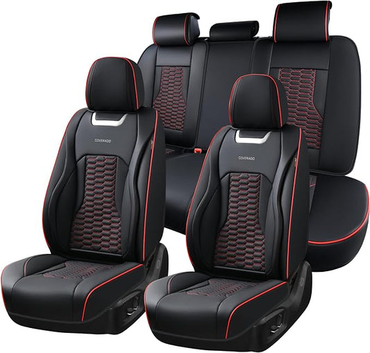 Coverado Car Seat Covers Full Set, 5 Seats Nappa Leather Seat Covers for Cars, Waterproof Automotive Car Seat Covers Interior Accessories Universal Fit Most Cars(Black&Red)