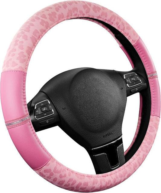 Road Comforts Leopard Steering Wheel Cover for Women, Cute Anti-Slip Microfiber Leather, Universal Fit 14.5-15 Inch Round Steering Wheel - Full Pink