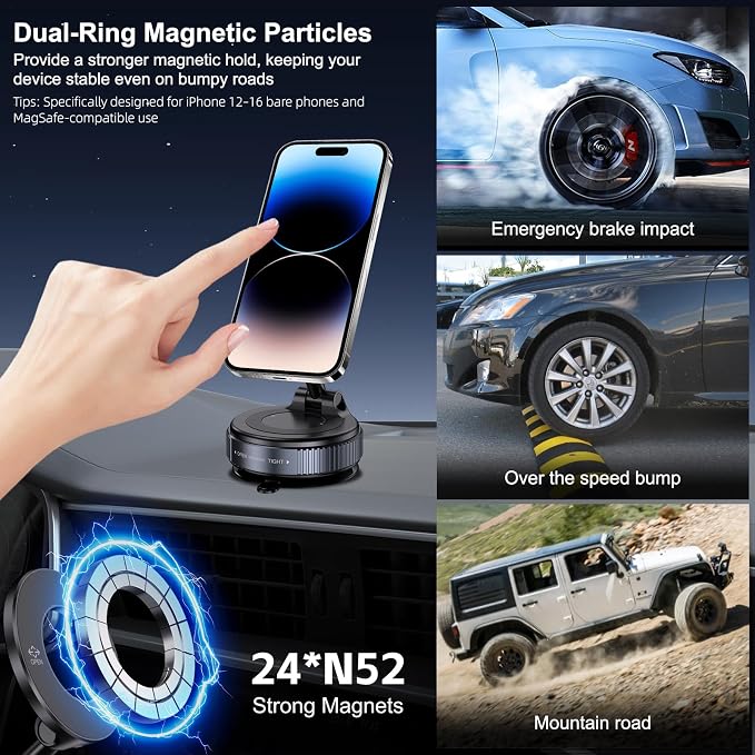 Jikasho Vacuum Magnetic Car Phone Holder for Magsafe, Hands-Free 360° Adjustable Suction Cup Phone Mount for Car/Gym/Mirror/Smooth Surface, Compatible with iPhone & Android (Stellar Gray)
