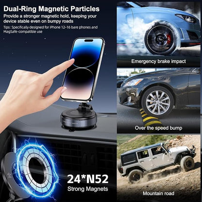 Jikasho Vacuum Magnetic Car Phone Holder for Magsafe, Hands-Free 360° Adjustable Suction Cup Phone Mount for Car/Gym/Mirror/Smooth Surface, Compatible with iPhone & Android (Silver Black)
