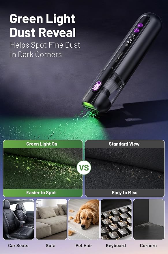 Handheld Cordless Car Vacuum Cleaner 15000Pa, 3-in-1 Portable Vacuum with LED Light,LED Display & Washable HEPA Filter,USB-C Rechargeable, up to 30-Min Runtime for Car, Home, Desk & Pet Hair(black)