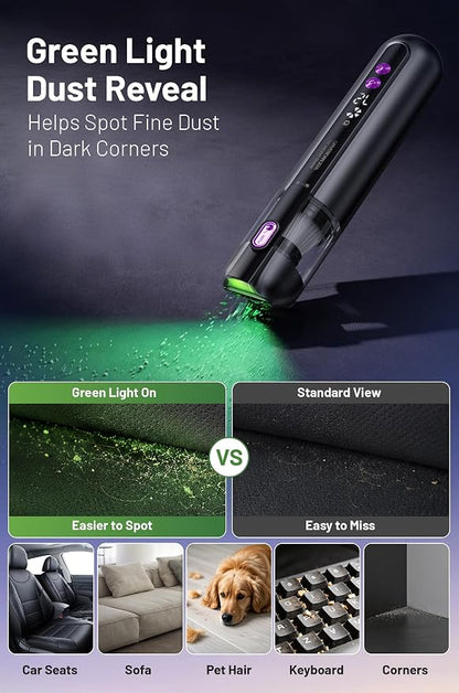 Handheld Cordless Car Vacuum Cleaner 15000Pa, 3-in-1 Portable Vacuum with LED Light,LED Display & Washable HEPA Filter,USB-C Rechargeable, up to 30-Min Runtime for Car, Home, Desk & Pet Hair(black)
