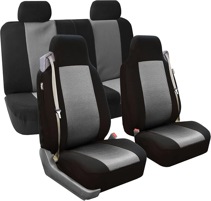 FH Group FH-FB302114 All Purpose Flat Cloth Car Seat Covers Gray/Black Color with F11306 Vinyl Floor Mats- Fit Most Car, Truck, SUV, or Van