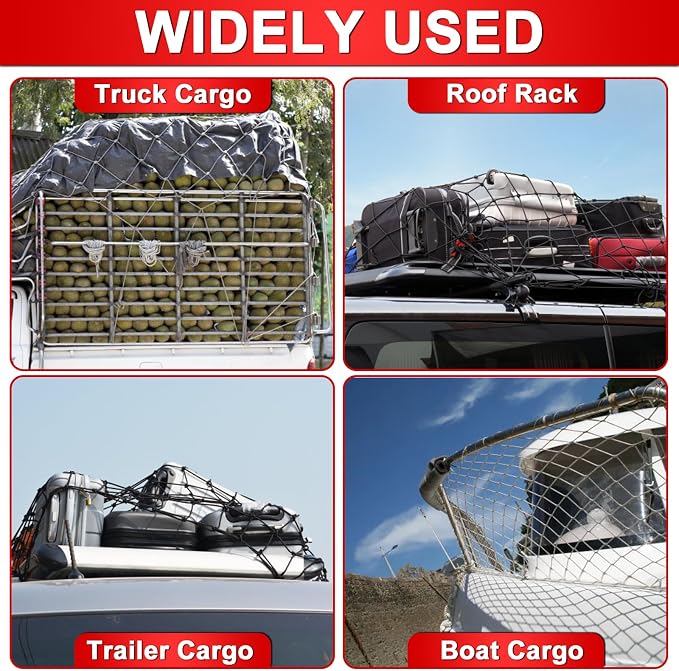 3’x4’ Truck Cargo Net Stretches to 6' x 7' with 4"x4" Mesh Grid Super Duty Bungee Heavy Duty Bed Netting for Truck Bed Stretches with 12 Adjustable Metal Carabiners by Cenipar